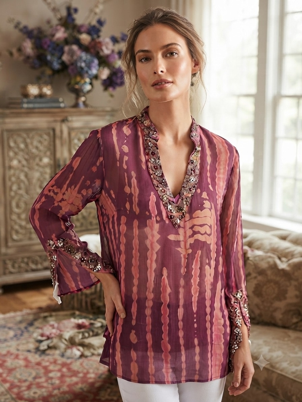 Women's 100% Silk Beaded V-Neck Sheer Tie-Dye Blouse Cover Up - Plum Pink